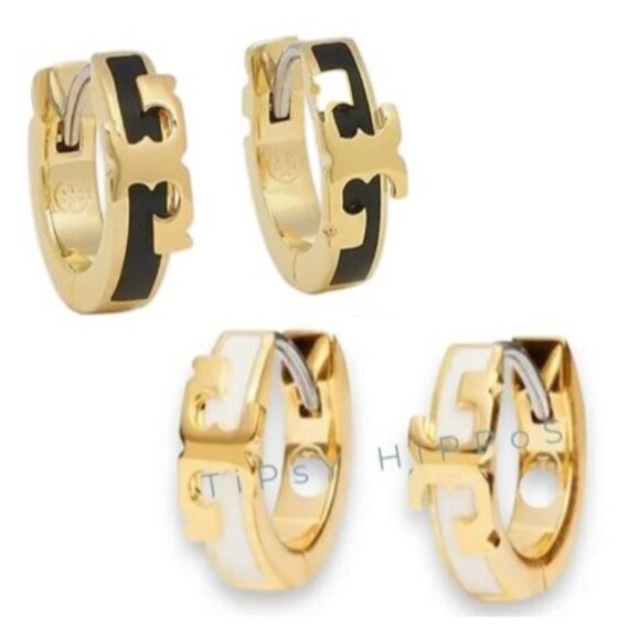 NEW!  Tory burch SET OF TWO Serif Black and Gold and White and Gold Huggie Earri - Picture 1 of 7